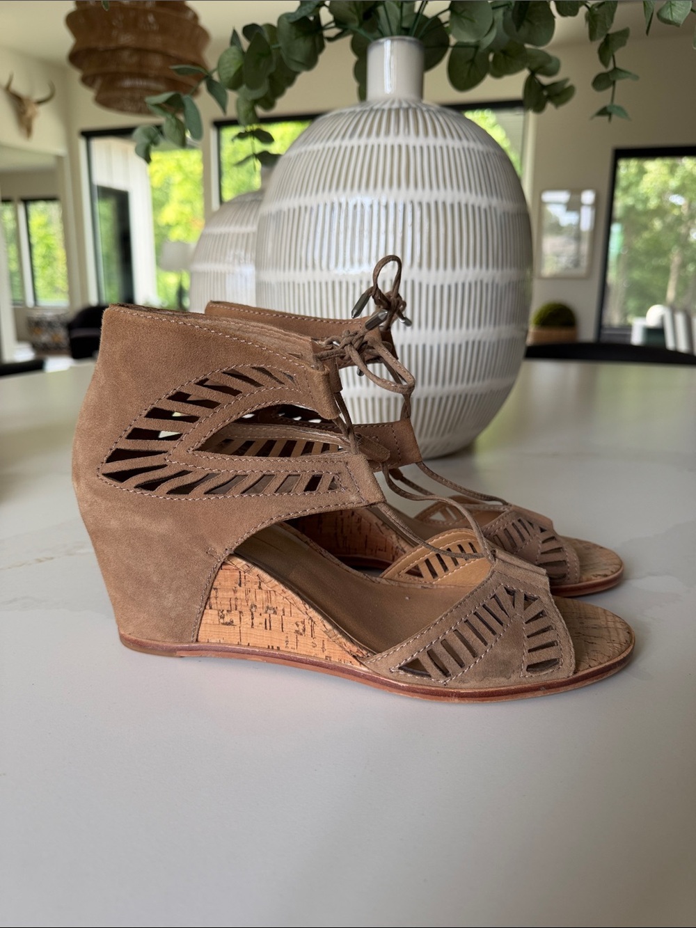 Dolce Vita Tan Suede Laser-Cut Lace-Up Wedges